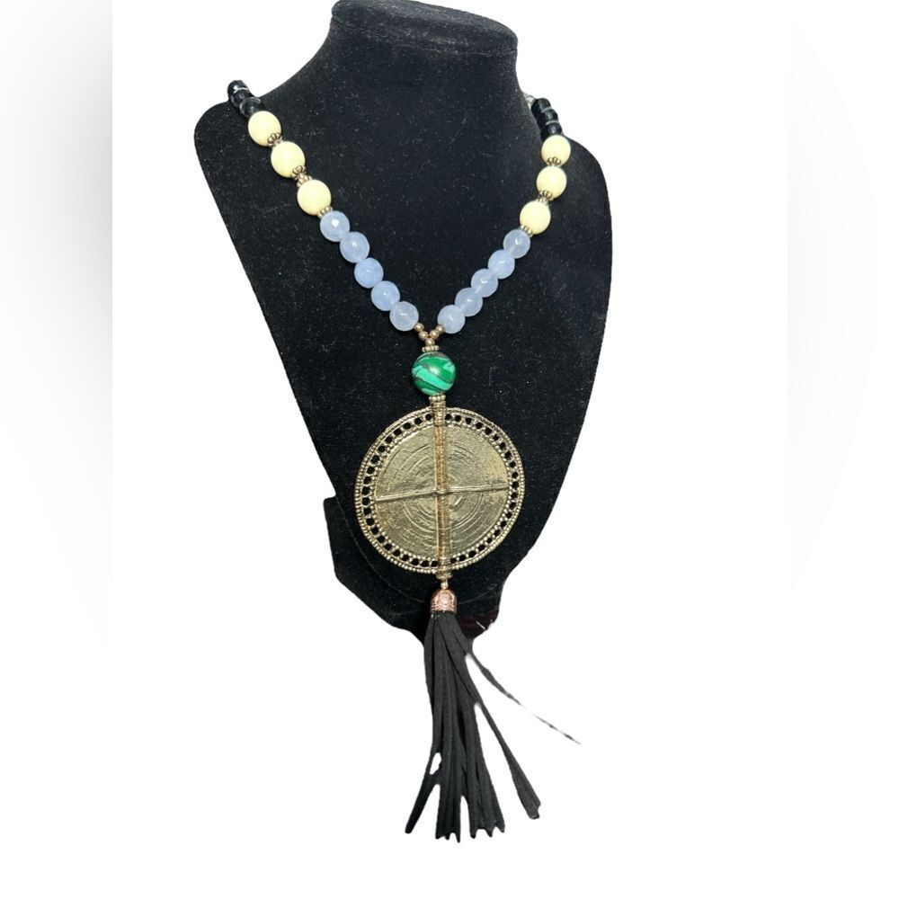 Beautiful unique  design long  brass pendant with beads And leather tassel neckl